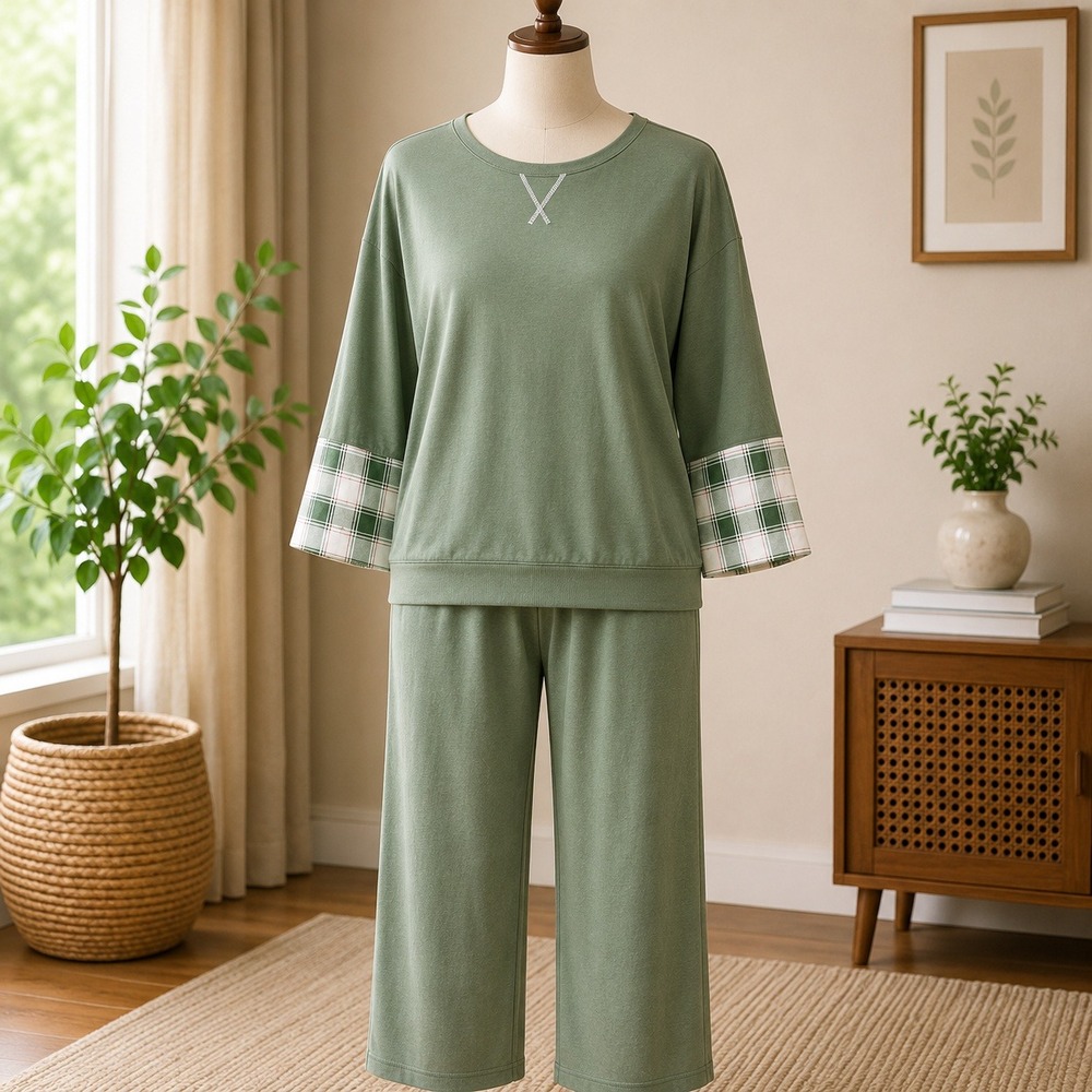 NWT Muk Luks Velvet Lounge Top Womens 2X Green Plaid Sleeve Crew Neck Relaxed